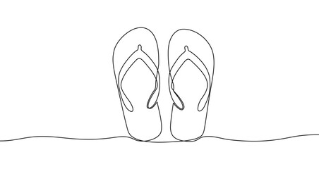 Pair of flip-flops in one line art style. Drawing of summer footwear with editable black stroke on a white background. Vector illustration.