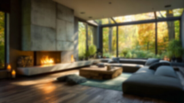 Blurred modern luxury living room interior background with fireplace, warm natural light, and green outdoor view. Ideal for virtual meeting, website, or presentation backdrop.