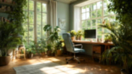 Fototapeta premium Blurred home office interior with abundant green plants, natural light, and a cozy desk setup. Ideal modern backdrop for virtual meetings, website design, and minimalist presentations.