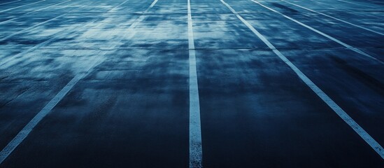 Abstract view of a wet dark blue running track with white lane markings, featuring reflective texture and perspective.