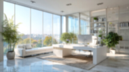 Blurred modern minimalist luxury office interior background with natural light and green plants. Ideal for virtual meetings, website design, presentations, and professional branding.