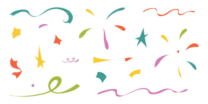 Naklejki Hand drawn crayon confetti set. Sparkle icons, fireworks, twinkle spirals, doodle chalk shapes for childish birthday, carnival, kid holiday, Christmas, weeding. Grunge Isolated vector illustration.