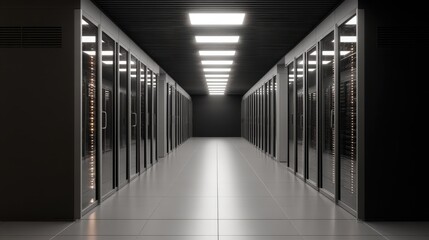 Fototapeta premium A sleek and modern data center corridor lined with server racks. The space is illuminated by bright overhead lights, creating a high-tech atmosphere.
