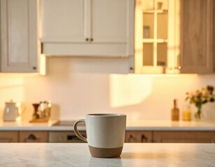 Warm Kitchen Scene: Coffee Mug on Counter with Soft Natural Light and Backsplash