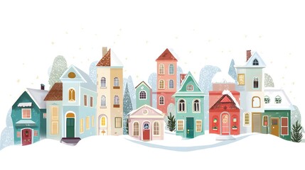 Christmas town with houses and christmas tree. illustration in flat style. Village houses in winter. Hand drawn illustration on white background.