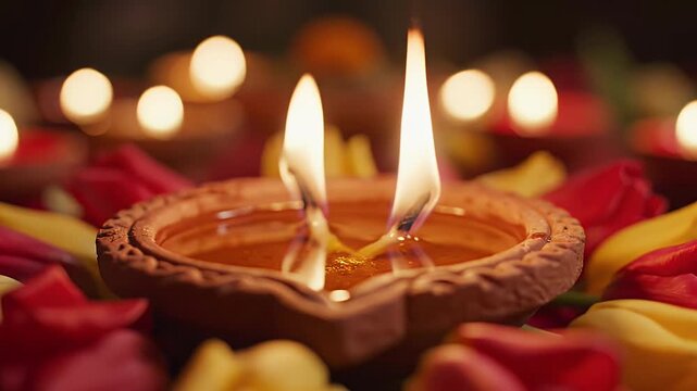 Close Up Shot Of Lit Oil Lamp With Glowing Flame Surrounded By Rose Petals on Festive Background