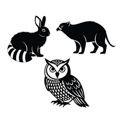 Fototapeta premium Silhouette of wild animals rabbit, tasmanian devil, and owl in black color vector illustration