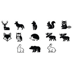 Fototapeta premium Collection of forest animal icons featuring a deer, wolf, squirrel, raccoon, fox, owl, hedgehog, moose, rabbit