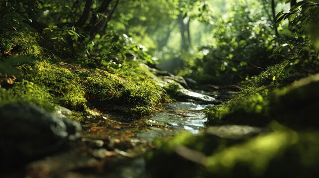 Lush forest stream with sunlit mossy banks offers tranquil natural scenery