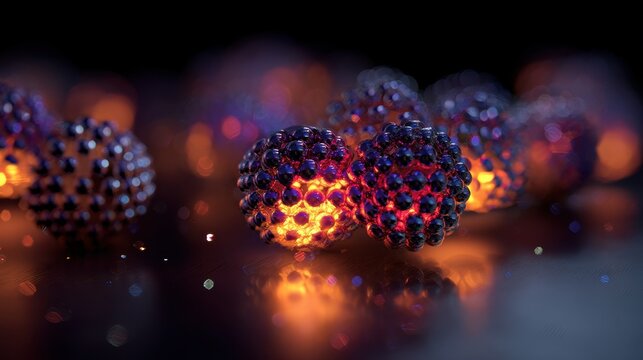 This image showcases a close-up of abstract spheres illuminated by vibrant orange and purple lights creating a stunning aesthetic visual effect.