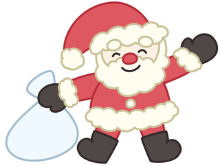 プレゼント袋を持って手をあげる笑顔のサンタクロース