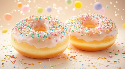 Sweet Doughnut Delight: Two glistening donuts, each adorned with a vibrant array of sprinkles, sit ready to eat, evoking a sense of pure delight and sweetness. 