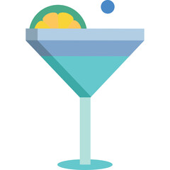 Turquoise Cocktail Glass With Orange Slice Garnish And Blue Bubble Accent On A White Background