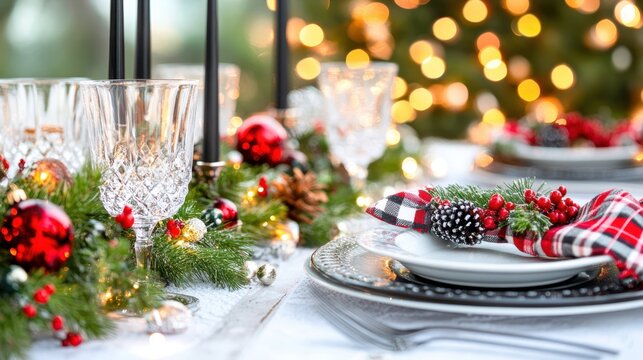 Festive Dining Delight: A beautifully set table adorned with holiday decorations. A close up of a table with decorative plates and utensils. Capture the magic of the season, creating a warm.