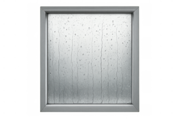 Glass window with frame collecting rain water drops streams and condensation on a transparent background