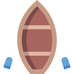 Top view of a simple brown wooden canoe with blue paddles on a transparent background for water recreation and travel illustrations