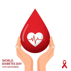 Show support for World Diabetes Day with this conceptual design featuring a blood drop and heart health symbol in caring hands