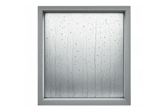 Glass window with frame collecting rain water drops streams and condensation on a transparent background