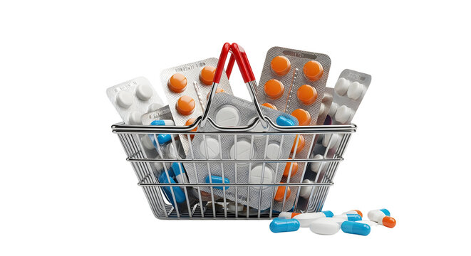 Shopping basket full of medicine pills and tablets isolated on transparent background for pharmacy concept - Powered by Adobe