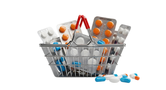 Shopping basket full of medicine pills and tablets isolated on transparent background for pharmacy concept