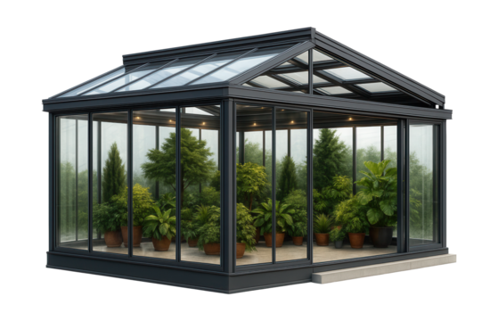 A contemporary winter garden with a retractable roof for hosting private winter events.