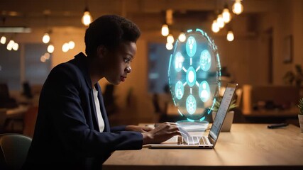 Woman typing on laptop. Business technology and network elements appear as digital overlay. Office work continues into evening with focused professional. Clean workspace emphasizes productivity now. - Powered by Adobe