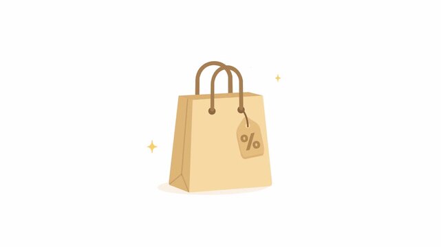 Looping shopping bag icon with discount tag. Flat vector animation for retail promo banners, ecommerce UI, and sale ads. Transparent alpha channel.
