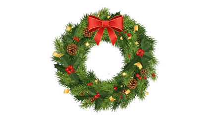 Festive Christmas wreath illustration with vibrant red bow, pinecones, and golden accents, perfect for holiday season decorations © Stock Image Paradise