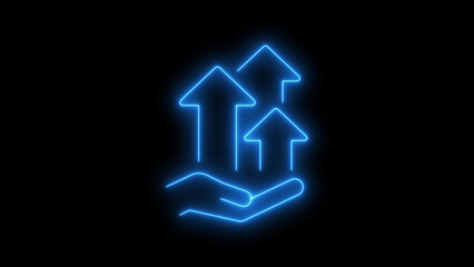 Glowing neon Hand Holding Three Upward Arrows Icon on Black Background. Abstract business growth, financial success, progress concept for UI design.