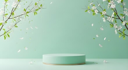 Minimalist Product Display Podium in Pastel Mint Green with White Blossoms and Falling Petals, 3D Render Mockup for Spring Cosmetics, Skincare, and Easter Sales