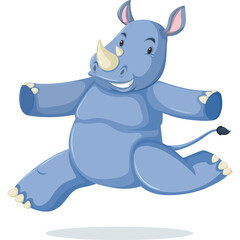 Cartoon Blue Rhinoceros Character Illustration in a Dynamic Running Pose with a Cheerful Expression on a Transparent Background