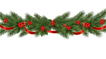 Fototapeta premium Classic Yuletide Decoration Horizontal Fir Garland Adorned with Shiny Red Berries and Elegant Ribbons for Festive Design