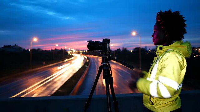 man stands on bridge wearing jacket. camera on tripod faces road and captures traffic at dusk. lighttrail streak across lanes. skyline frames distant horizon. reflective stripe on jacket shines light.