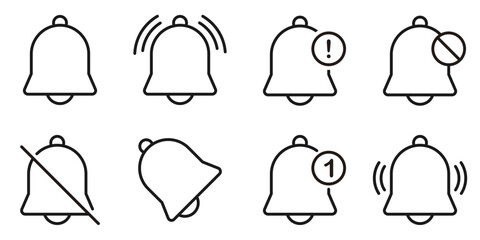 Set of notification bell icons in minimal line style showing various alert states like active, muted, new message, and warning.