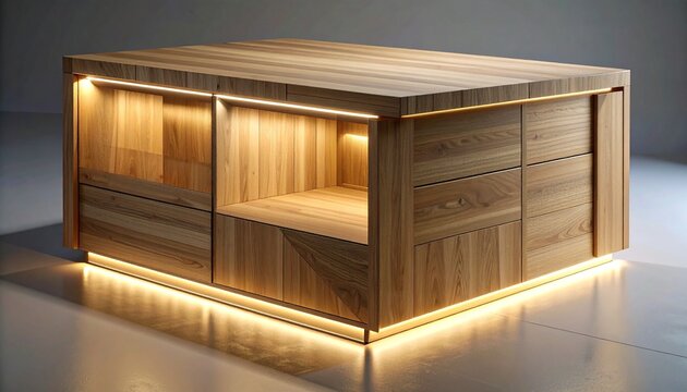 Multi-functional smart-integrated storage table in oak texture with sliding panels, ambient lighting, and tech-savvy design