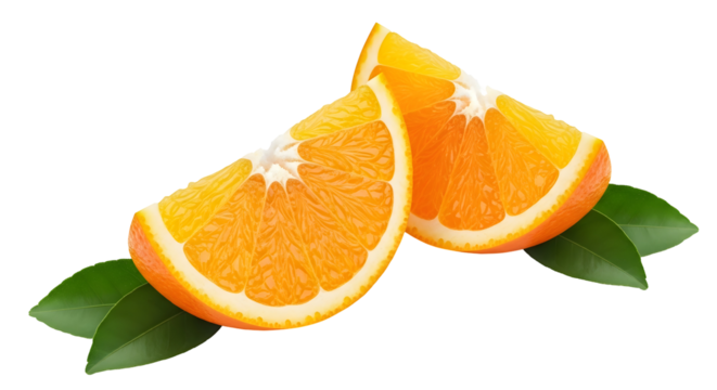 Two orange slices with green leaves isolated on transparent background, fresh and juicy citrus fruit