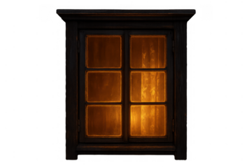 Wooden window with warm yellow light glowing from inside, suggesting a cozy, inviting home at night, transparent background