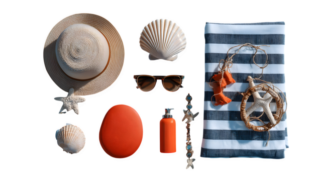 Summer Beach Essentials, isolated on transparent background