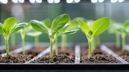 Young seedling plant sprout soil tray greenhouse growth leaf stem young plant growth seedling sprout pot green seedling soil with soft light and shallow depth of field conveying fresh growth and calm - Powered by Adobe