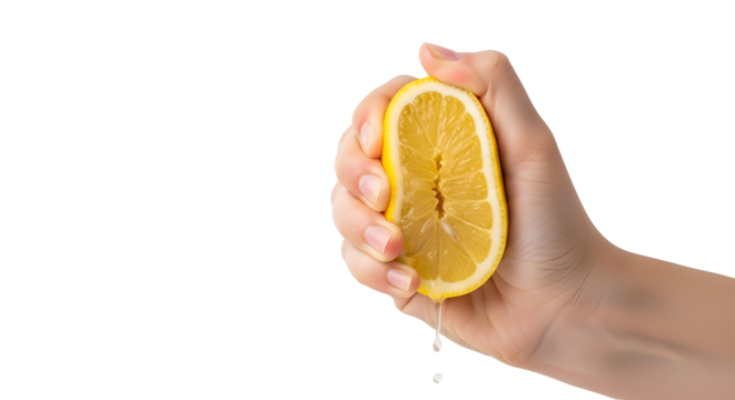 Hand squeezing a lemon half with juice dripping isolated on transparent background for fresh citrus concept