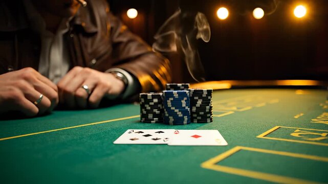 Man stacks poker chip smoking. Casino gambling shows card and bet near dealer hand. Green felt table glows under warm lights. Fingers wear ring and watch. Tense expression suggests high stake play.