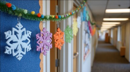 Colorful glitter snowflakes hanging from garland decorating classroom hallway for winter, blurred background, festive school environment, creative handmade ornaments