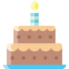 Two Tier Chocolate Birthday Cake with Vanilla Frosting and Lit Candle on a Blue Plate with a Transparent Background