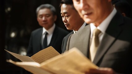 Group of middle-aged Chinese men in suits reading documents together in a dimly lit formal setting