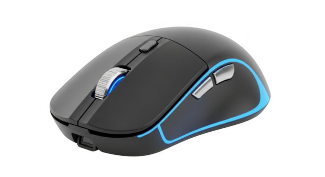 Black Wireless Gaming Mouse with Blue LED Accents on a Black Background computer mouse