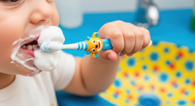 Young child brushing teeth with foamy toothpaste using cute animal toothbrush, closeup, healthy dental hygiene habits for kids in colorful bathroom