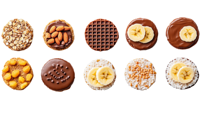 Assorted Rice Cakes with Various Toppings on Transparent Background - Powered by Adobe