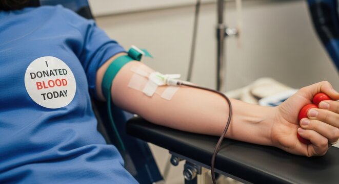 Hand holding sticker reading I donated blood today, person donating blood in medical chair, healthcare and saving lives