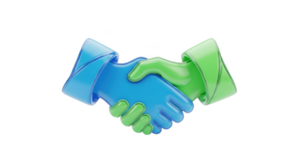 Blue and Green 3D Stylized Hands Shaking in Agreement on Black Background alliance arms