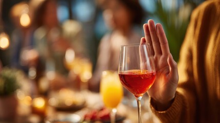 A person declines an alcoholic drink at a social gathering, extending a hand in refusal while others enjoy beverages around a warmly lit table